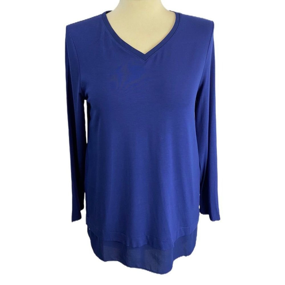 XS Petite Chico's Women's Long Sleeve V-Neck Soft Tunic Shirt Contrast Fabric He